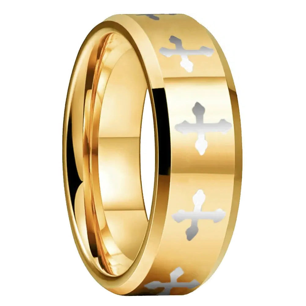 6mm & 8mm Gold Tungsten Cross Pattern Ring – Radiance of Faith and Strength (Unisex) - Promise Rings