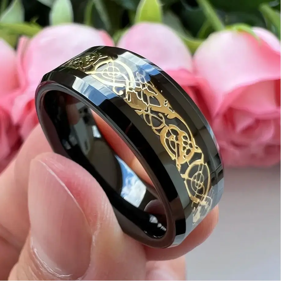 6mm & 8mm Tungsten Celtic Dragon Carbon Fibre Black Ring – Symbol of Strength and Protection (Unisex) - Promise Rings