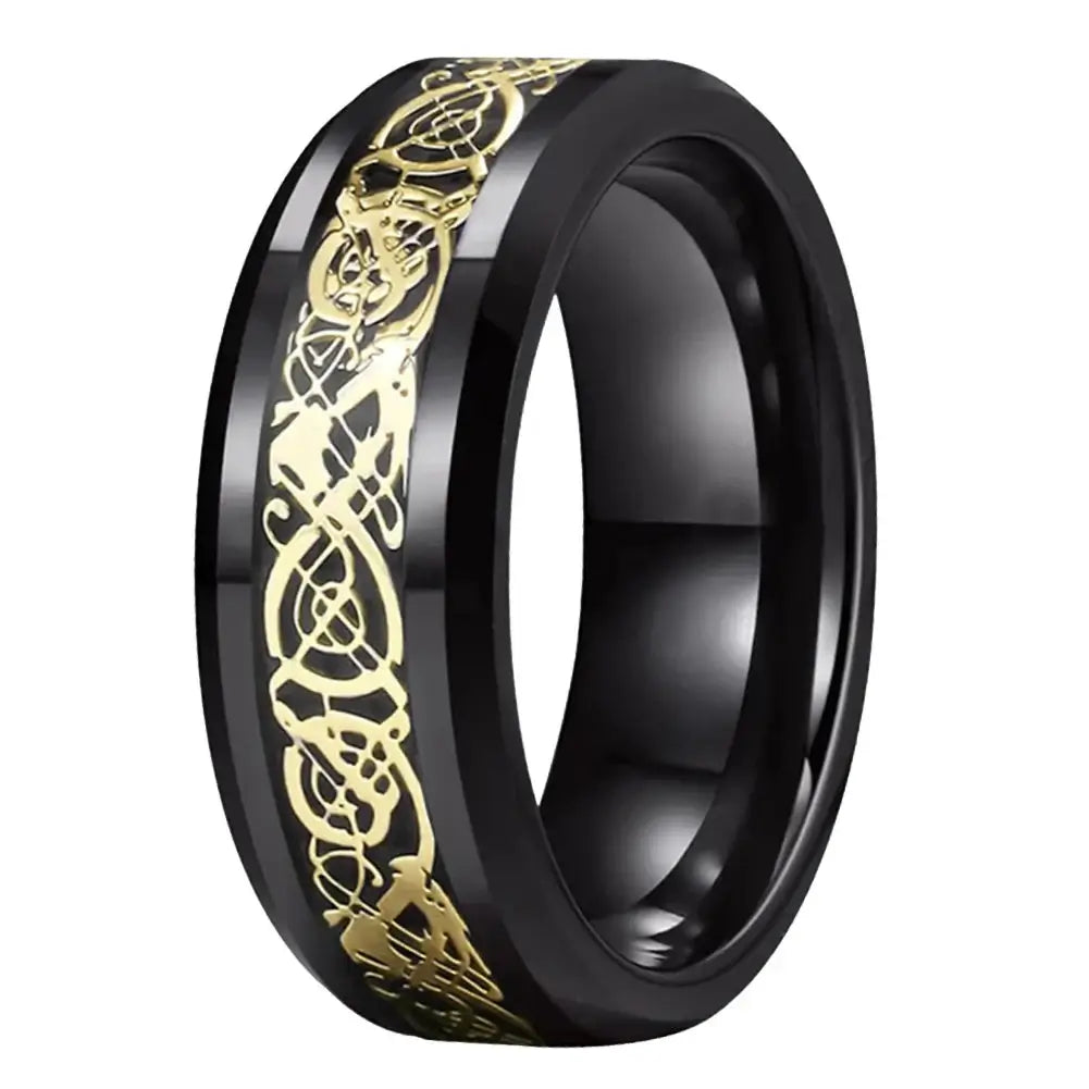 6mm & 8mm Tungsten Celtic Dragon Carbon Fibre Black Ring – Symbol of Strength and Protection (Unisex) - Promise Rings