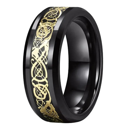 6mm & 8mm Tungsten Celtic Dragon Carbon Fibre Black Ring – Symbol of Strength and Protection (Unisex) - Promise Rings