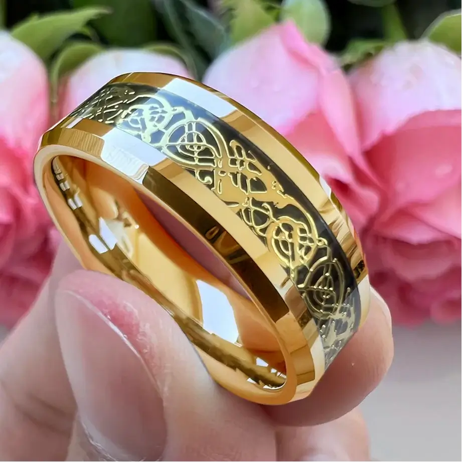 6mm 8mm Tungsten Celtic Dragon Carbon Fibre Gold Ring – Strength and Courage Symbol (Unisex) - Promise Rings