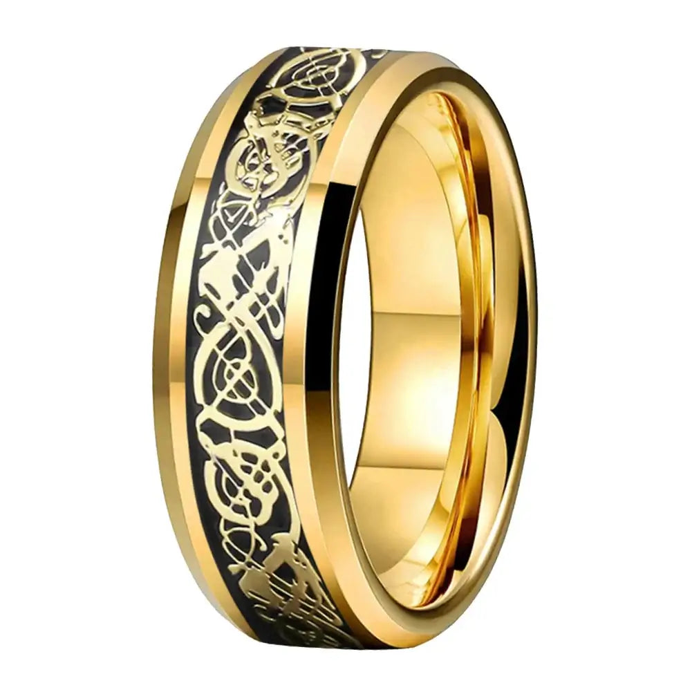 6mm 8mm Tungsten Celtic Dragon Carbon Fibre Gold Ring – Strength and Courage Symbol (Unisex) - Promise Rings