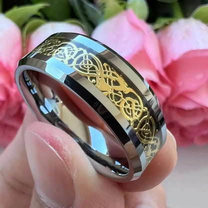 6mm & 8mm Tungsten Celtic Dragon Carbon Fibre Silver Ring – Symbol of Strength and Protection (Unisex) - Promise Rings