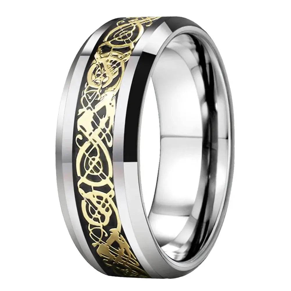 6mm & 8mm Tungsten Celtic Dragon Carbon Fibre Silver Ring – Symbol of Strength and Protection (Unisex) - Promise Rings