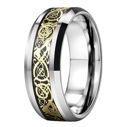 6mm & 8mm Tungsten Celtic Dragon Carbon Fibre Silver Ring – Symbol of Strength and Protection (Unisex) - Promise Rings