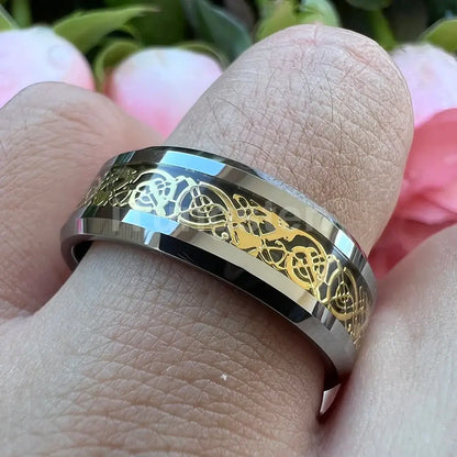 6mm & 8mm Tungsten Celtic Dragon Carbon Fibre Silver Ring – Symbol of Strength and Protection (Unisex) - Promise Rings
