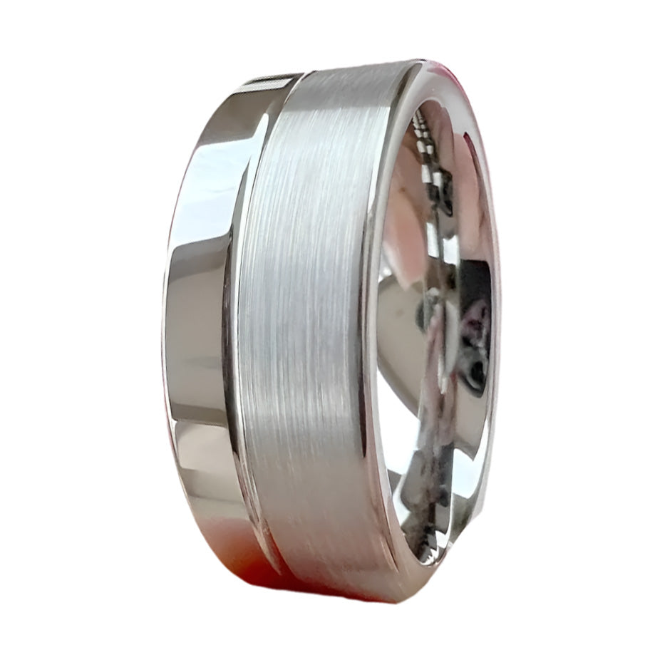 6mm & 8mm Tungsten Silver Offset Groove Polished and Brushed Two-Tone Ring – Elegant and Contemporary Style (Unisex) - Promise Rings