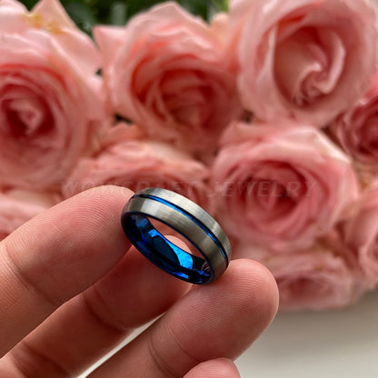 6mm Blue Center Groove & Silver Tungsten Unisex Ring - Promise Rings