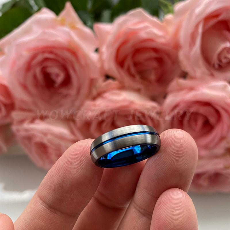 6mm Blue Center Groove & Silver Tungsten Unisex Ring - Promise Rings