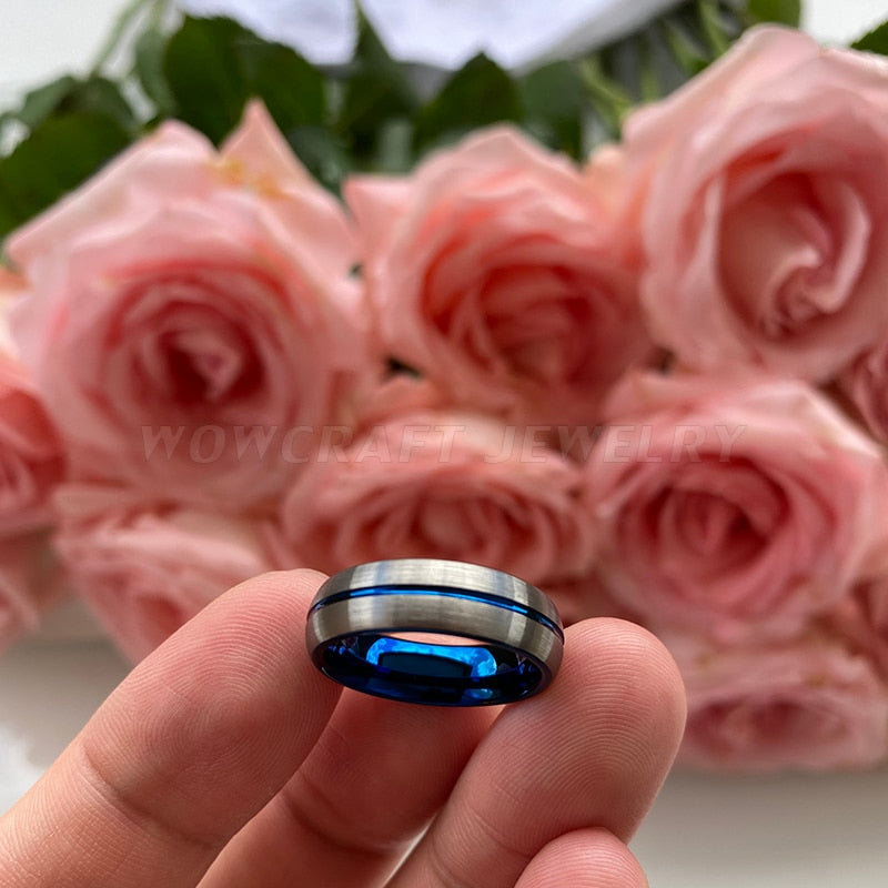 6mm Blue Center Groove & Silver Tungsten Unisex Ring - Promise Rings