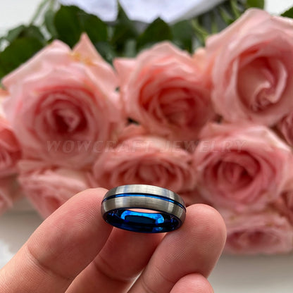 6mm Blue Center Groove & Silver Tungsten Unisex Ring - Promise Rings