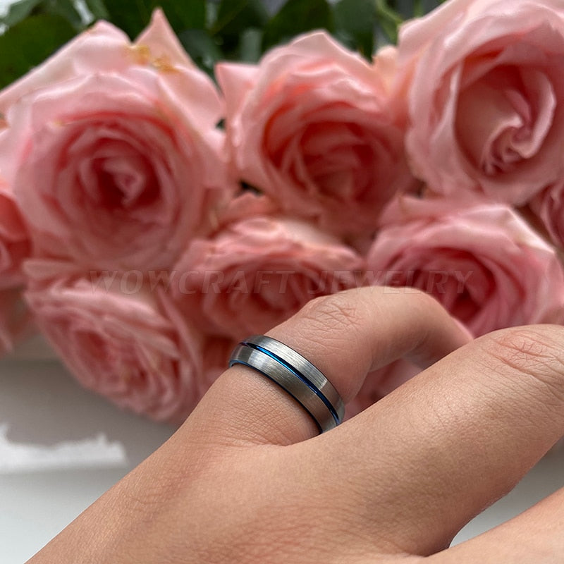 6mm Blue Center Groove & Silver Tungsten Unisex Ring - Promise Rings