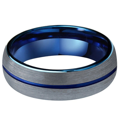 6mm Blue Center Groove & Silver Tungsten Unisex Ring - Promise Rings