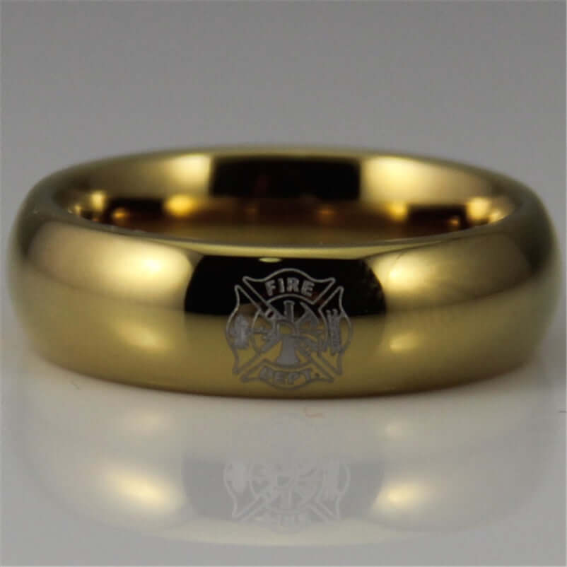 6mm Gold-Tone Tungsten Firefighter Ring – Classic Shield Design (Men’s) - Promise Rings