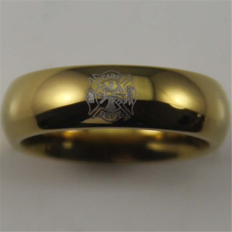 6mm Gold-Tone Tungsten Firefighter Ring – Classic Shield Design (Men’s) - Promise Rings