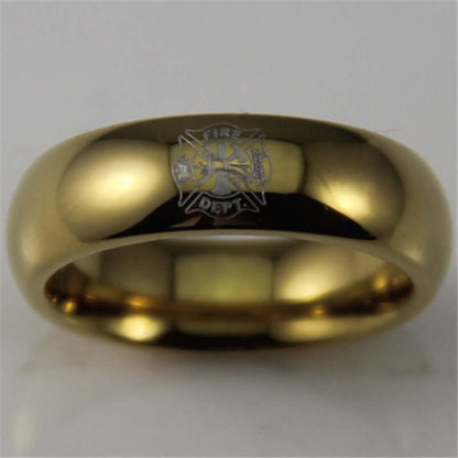 6mm Gold-Tone Tungsten Firefighter Ring – Classic Shield Design (Men’s) - Promise Rings
