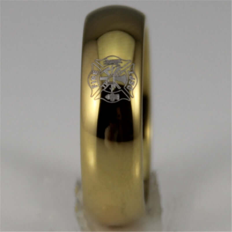 6mm Gold-Tone Tungsten Firefighter Ring – Classic Shield Design (Men’s) - Promise Rings