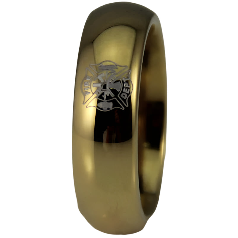 6mm Gold-Tone Tungsten Firefighter Ring – Classic Shield Design (Men’s) - Promise Rings