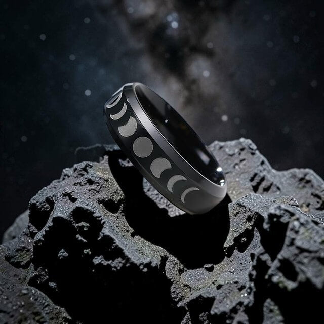 6mm Black Moon Phase Ring - Stainless Steel Lunar Cycle Unisex Band