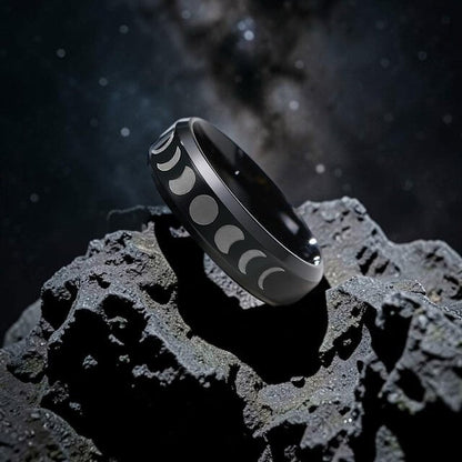 6mm Black Moon Phase Ring - Stainless Steel Lunar Cycle Unisex Band