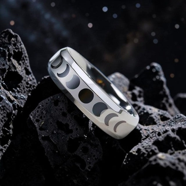 6mm Silver Moon Phase Ring - Stainless Steel Lunar Cycle Unisex Band