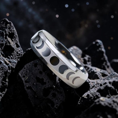 6mm Silver Moon Phase Ring - Stainless Steel Lunar Cycle Unisex Band