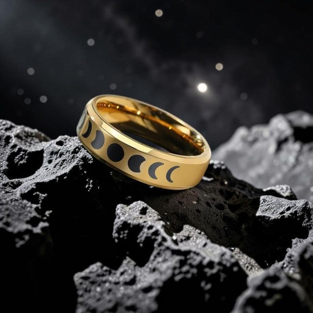 6mm Gold Moon Phase Ring - Stainless Steel Lunar Cycle Unisex Band