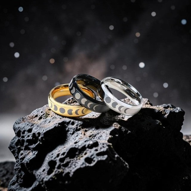 6mm Moon Phase Ring - Stainless Steel Lunar Cycle Unisex Band