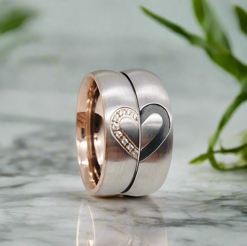 6mm Rose Gold and Black Dome Heart Shape Titanium Couples Rings 2pc Set – Symbol of Love and Unity (Unisex) - Promise Rings