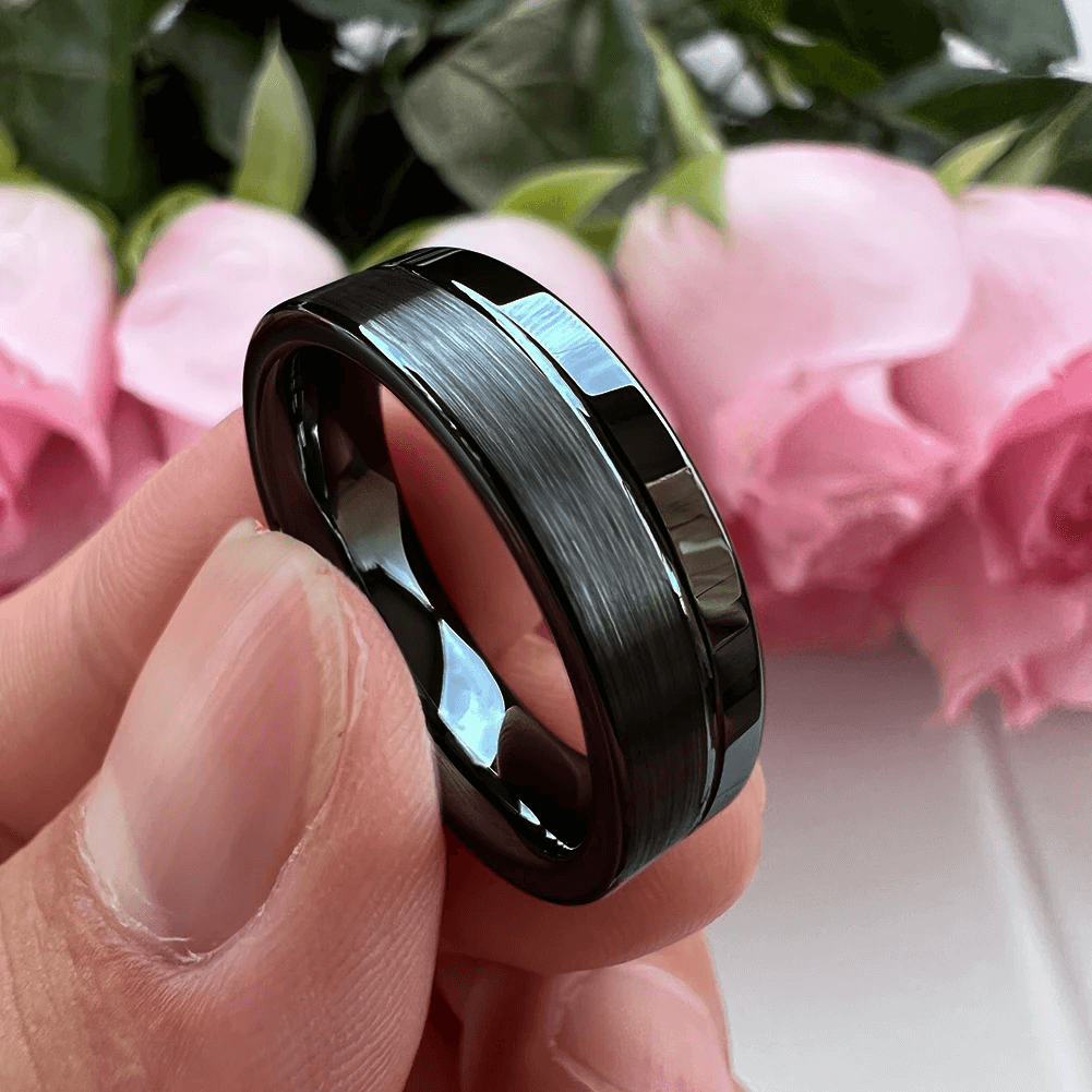 6mm & 8mm Black Color Offset Groove Two Tone Tungsten Unisex Ring