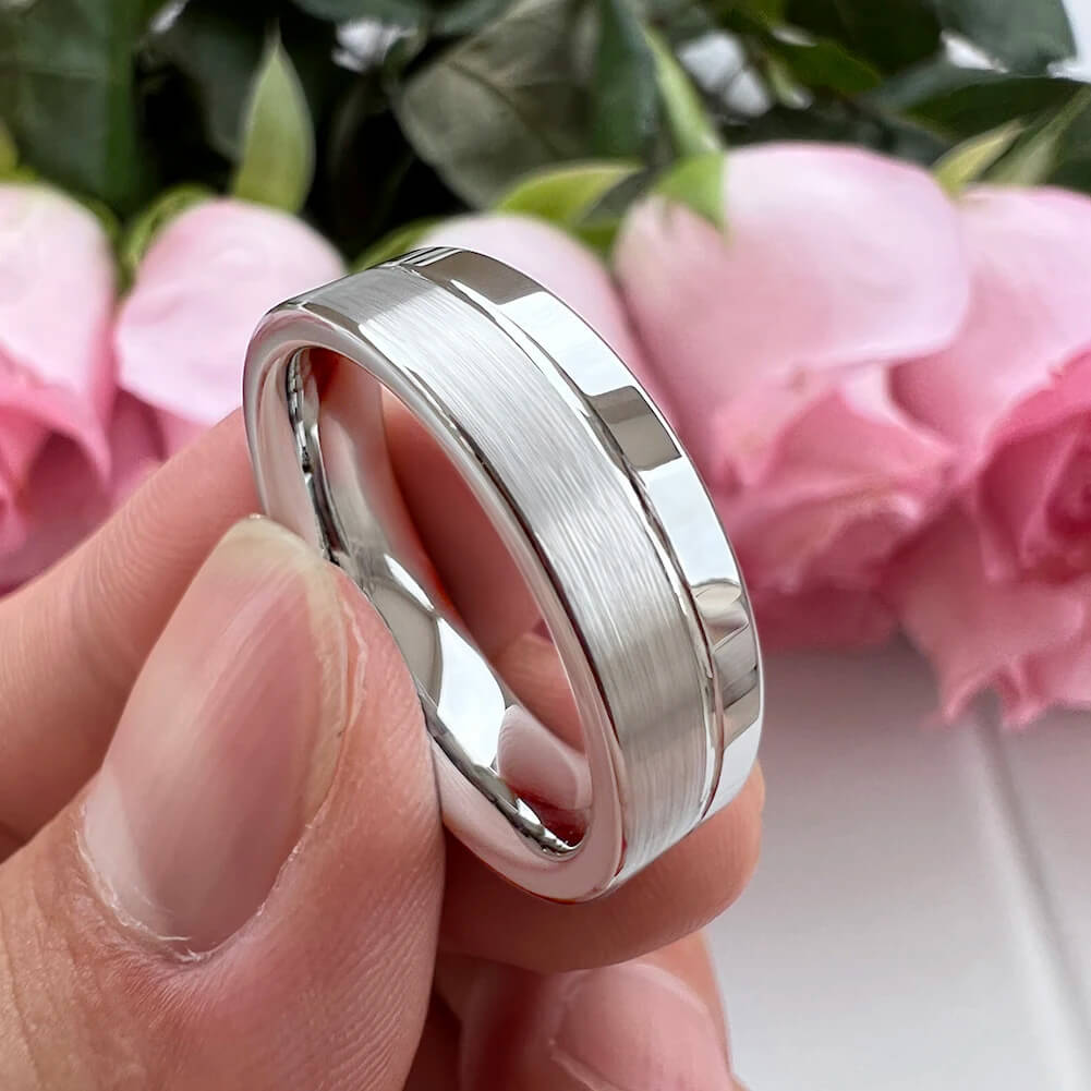 6mm & 8mm White Color Offset Groove Two Tone Tungsten Unisex Rings