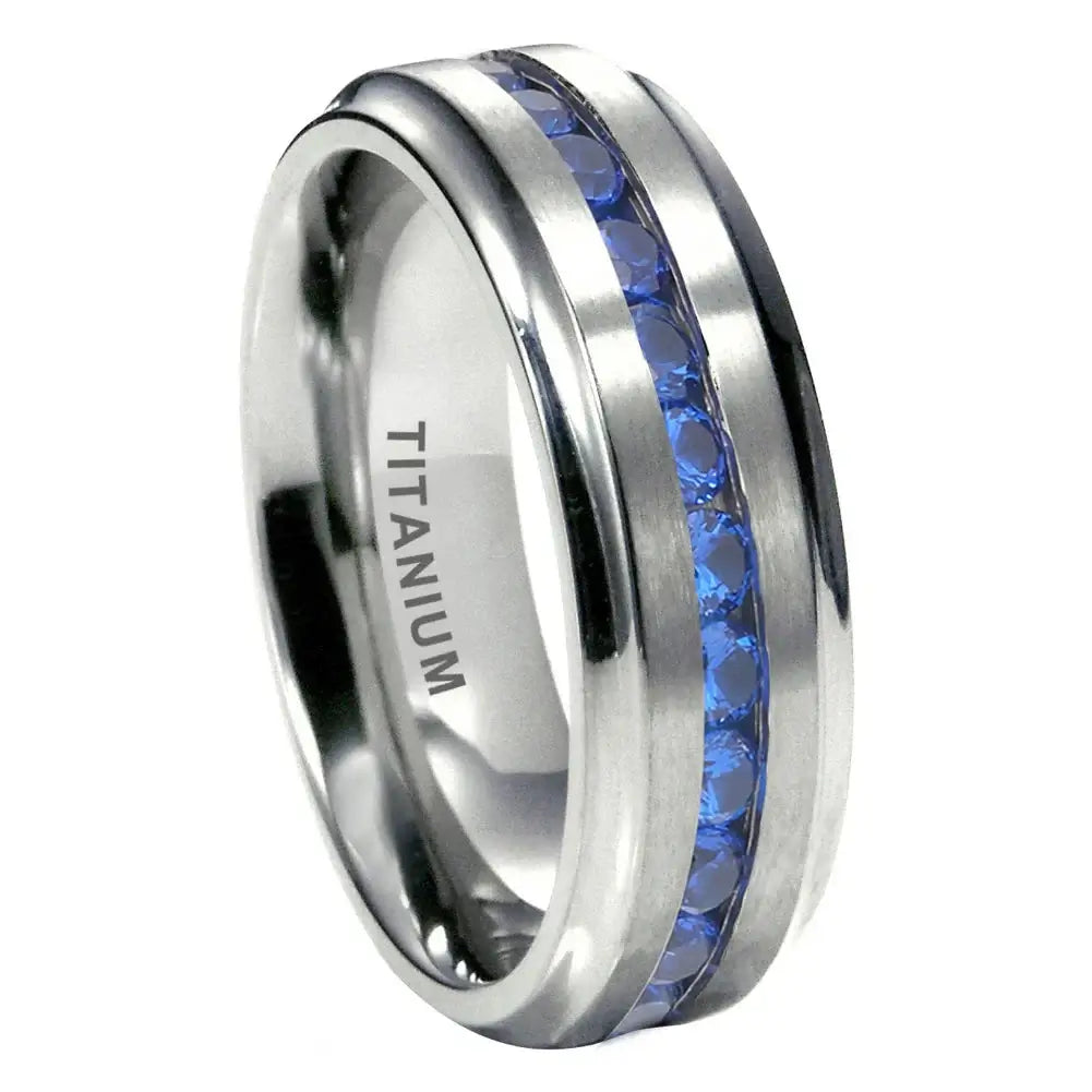 7mm Titanium Silver Eternity Ring – Blue Cubic Zirconia Inlay (Unisex) - Promise Rings