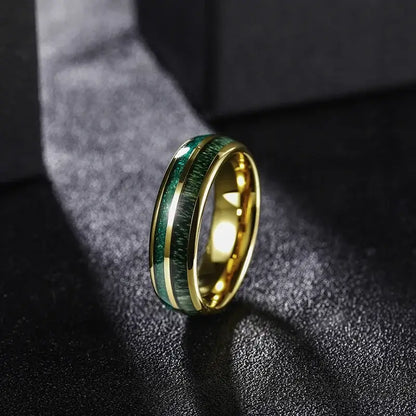 7mm Polished Tungsten Ring – Green Opal and Wood Inlay Design (Unisex) - Promise Rings