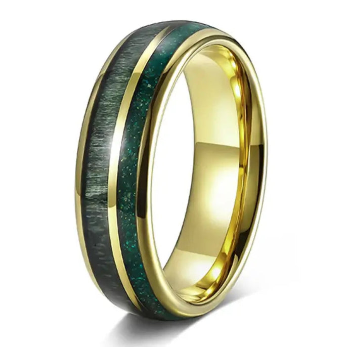 7mm Polished Tungsten Ring – Green Opal and Wood Inlay Design (Unisex) - Promise Rings