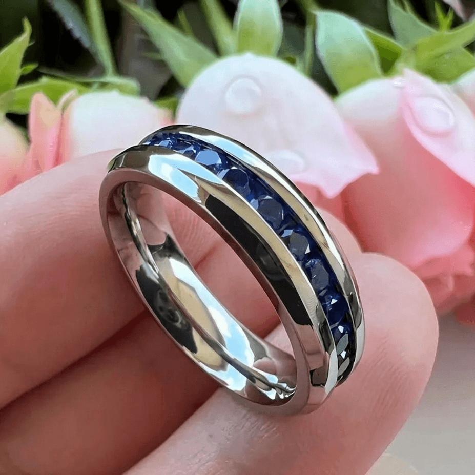 7mm Titanium Silver Eternity Ring – Blue Cubic Zirconia Inlay (Unisex)