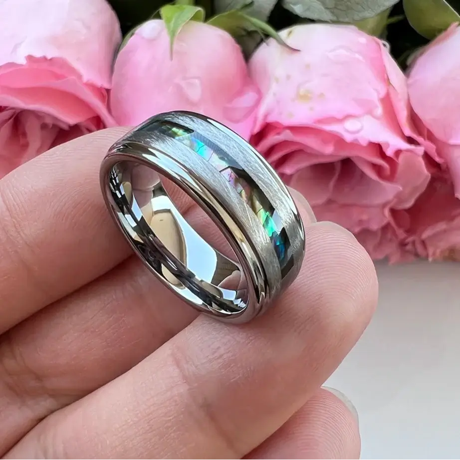 Shell Inlaying 8mm Tungsten Abalone Shell Inlay Ring – Iridescent Ocean Design (Men’s)