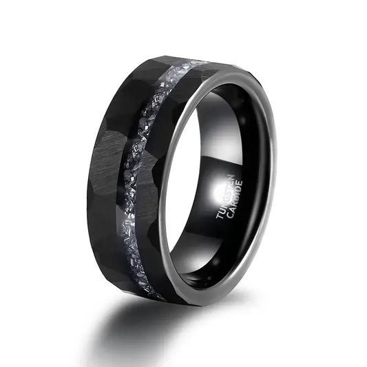 8mm Tungsten Black Hammered Ring – Aluminum Slag Inlay Design (Men’s) - Promise Rings