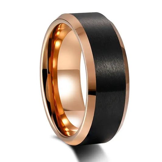 8mm Tungsten Black Brushed Beveled Ring – Polished Rose Gold Edge Design (Men’s) - Promise Rings