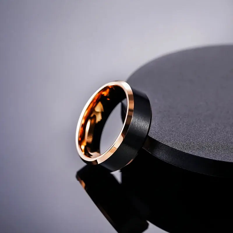 8mm Gold Edging 8mm Tungsten Black Brushed Beveled Ring – Polished Rose Gold Edge ...