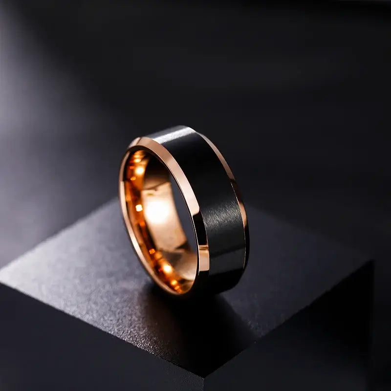 8mm Gold Edging 8mm Tungsten Black Brushed Beveled Ring – Polished Rose Gold Edge ...