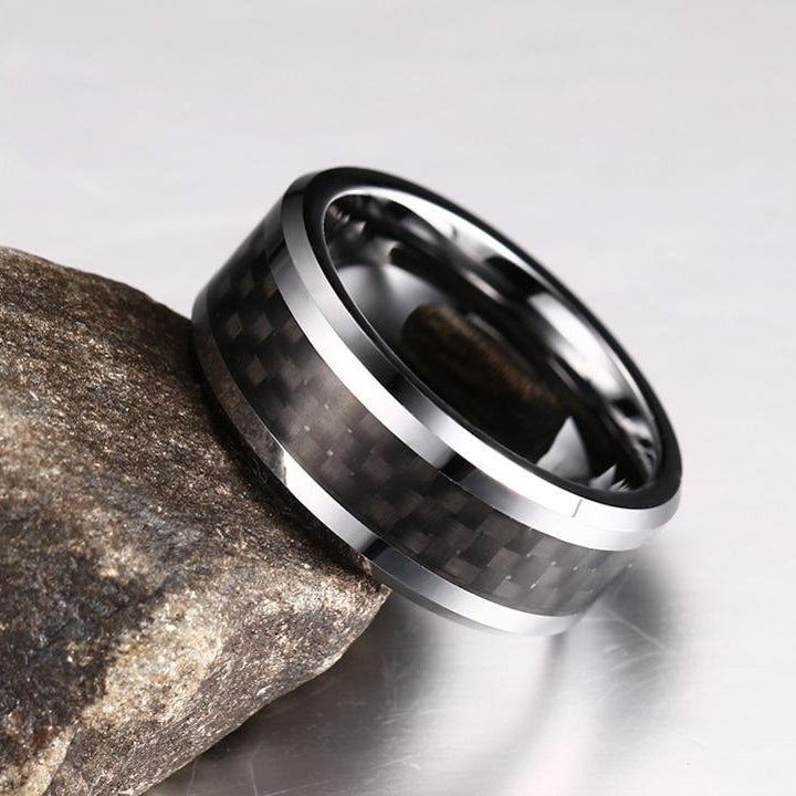 8mm Silver Tungsten Ring – Black Carbon Fiber Inlay with Beveled Edges (Men’s) - Promise Rings