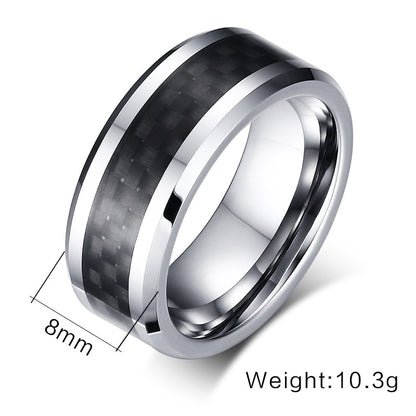 8mm Silver Tungsten Ring – Black Carbon Fiber Inlay with Beveled Edges (Men’s) - Promise Rings