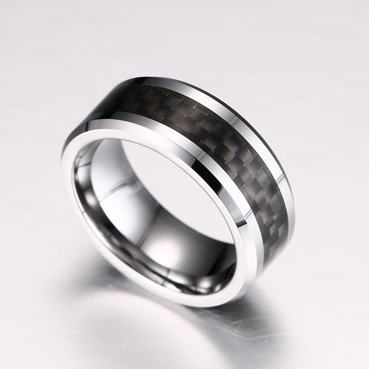 8mm Silver Tungsten Ring – Black Carbon Fiber Inlay with Beveled Edges (Men’s) - Promise Rings