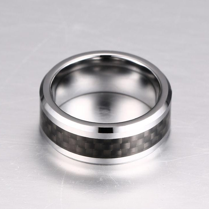 8mm Silver Tungsten Ring – Black Carbon Fiber Inlay with Beveled Edges (Men’s) - Promise Rings