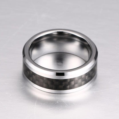 8mm Silver Tungsten Ring – Black Carbon Fiber Inlay with Beveled Edges (Men’s) - Promise Rings