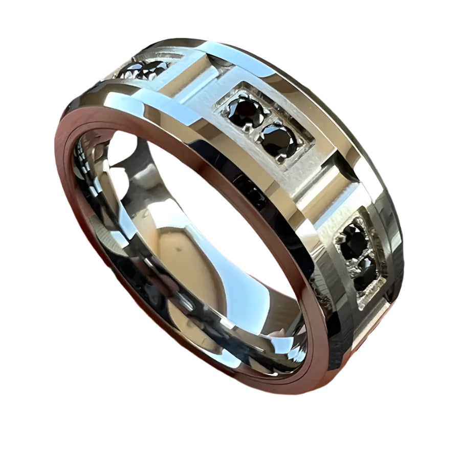 8mm Tungsten Ring – Silver with Black Cubic Zirconia Stones (Men’s) - Promise Rings