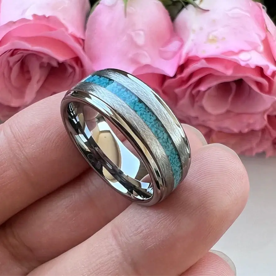 Turqoise Inlay Rings 8mm Tungsten Crushed Blue Turquoise Inlay Ring – Ocean Inspired Design ...