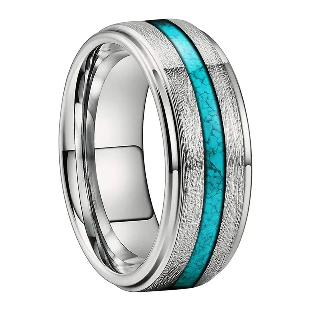 8mm Tungsten Crushed Blue Turquoise Inlay Ring – Ocean Inspired Design (Men’s) - Promise Rings