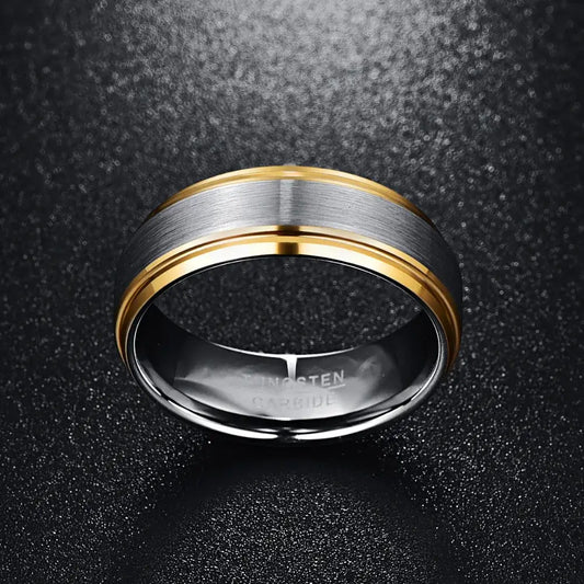8mm Tungsten Ring – Brushed Metallic Silver with Golden Edges (Men’s) - Promise Rings
