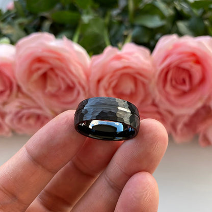 8mm Center Groove Hammered Tungsten Ring – Black, Matte Finish (Men's) - Promise Rings